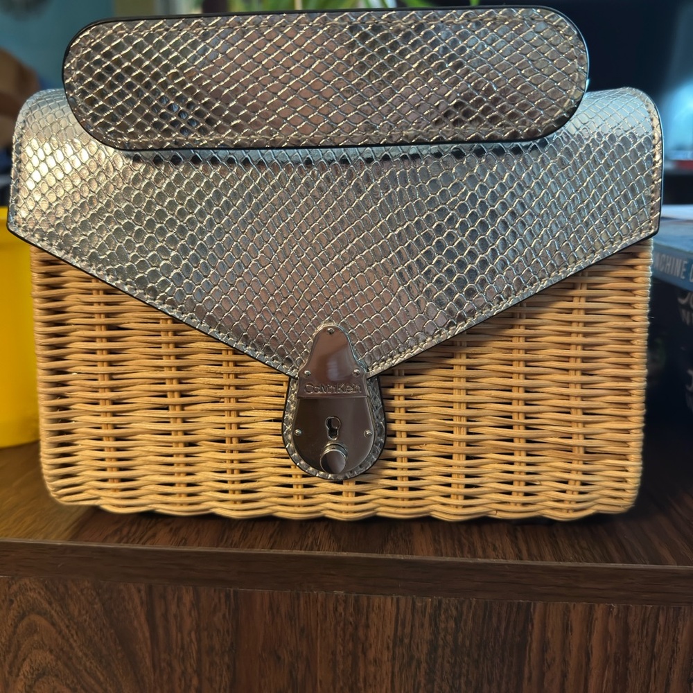 Calvin Klein Silver and Tan Woven Handbag